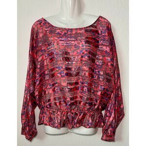 Free People Sheer Metallic Pink Floral W/Smocked Peplum Style Hem Size Medium